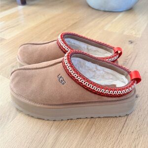 UGG Tan Suede Slippers with Red Accent